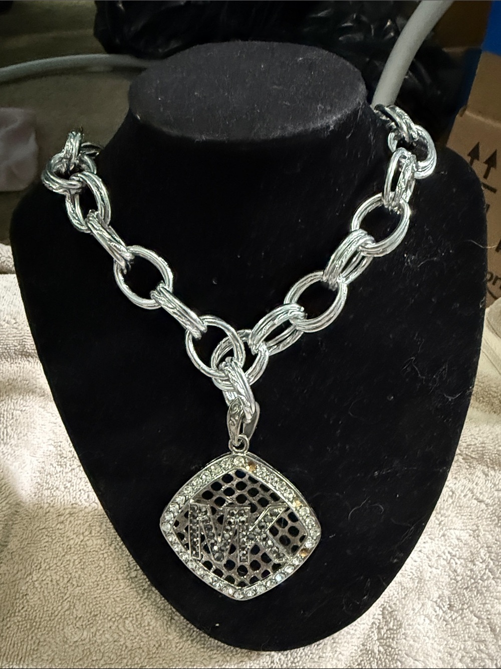 Michael Kors Silver-Tone Pavé MK Pendant Chain Necklace